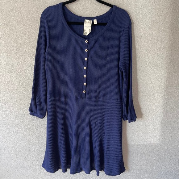Ribbed Babydoll Tunic Faux Button Front Navy Blue Casual Dress Womens Medium - Picture 3 of 7